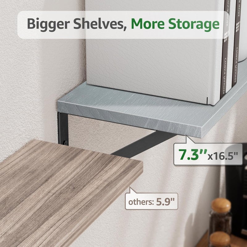 COCOYA Wall Shelves 7.3" Deep Set of 2, Solid Paulownia Wood Wider Longer Sturdy Easy to Install Wall Mounted Bookshelves Storage Shelves Bathroom Home Office Laundry Room Bedroom Organizer Gray - Image 5